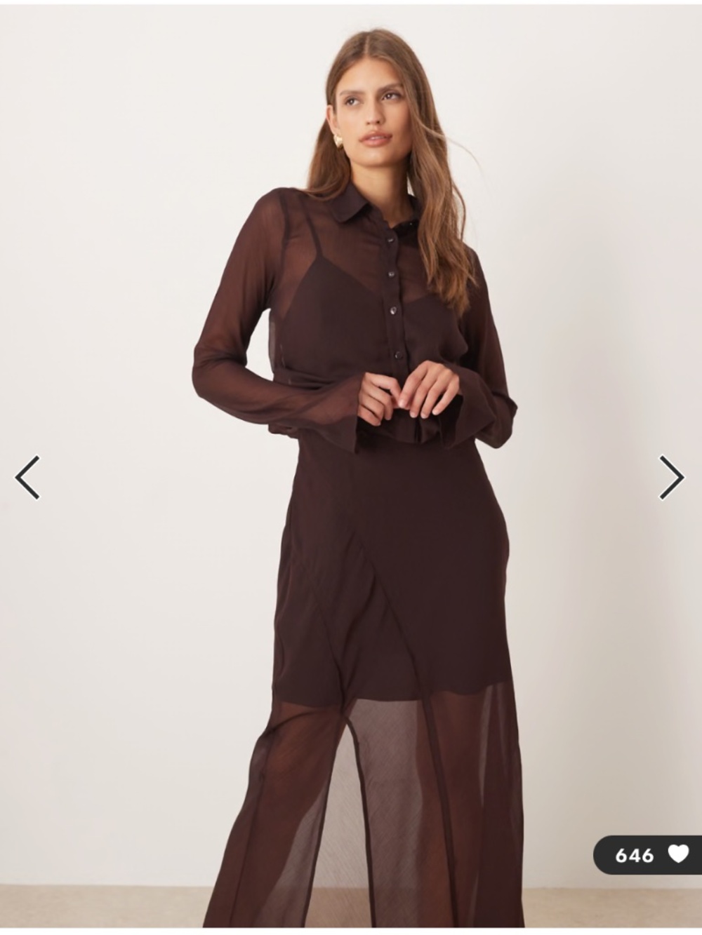 NWT ASOS DESIGN Sheer Chocolate Brown Midi Shirt Dress | Long Sleeve - Picture 3 of 10